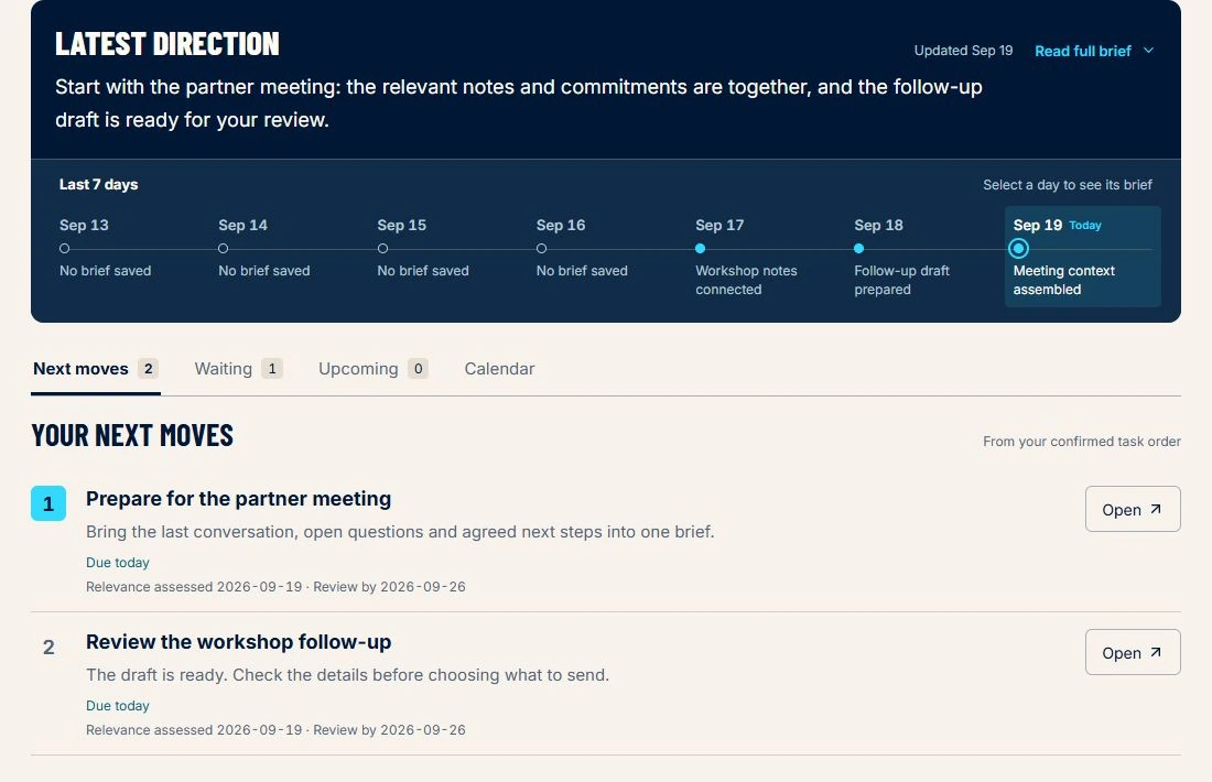Illustrative Inclusioneer workspace with a daily brief and suggested actions awaiting review.